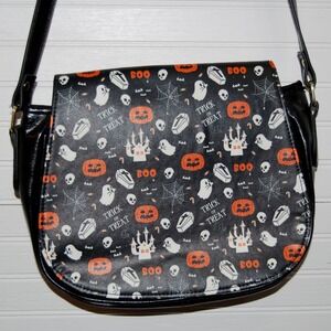 Halloween Purse Black Leather Pumpkins Ghosts Spiderweb Skulls Crossbody Bag